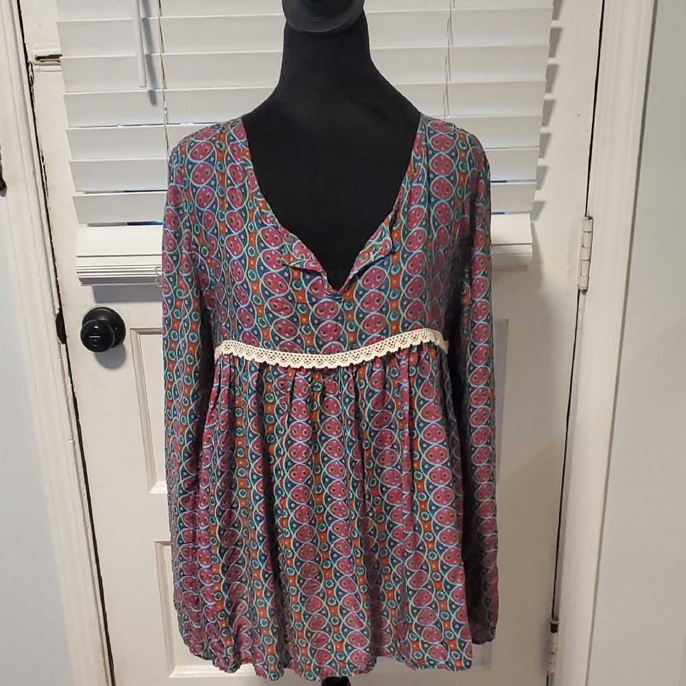 Live Happy Bohemian Patterned Tunic with Lace Detail